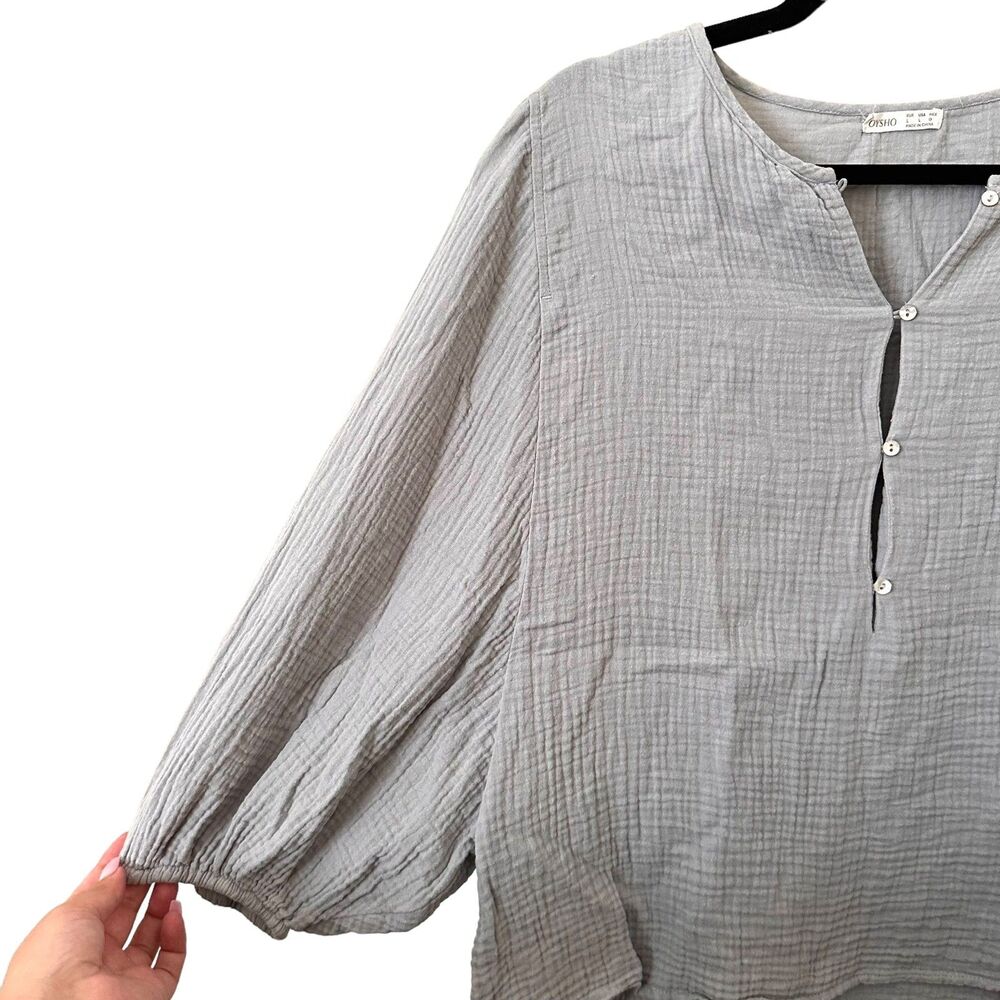 OYSHO Crinkled Cotton Buttoned Blouse Sz Large - Picture 2 of 4